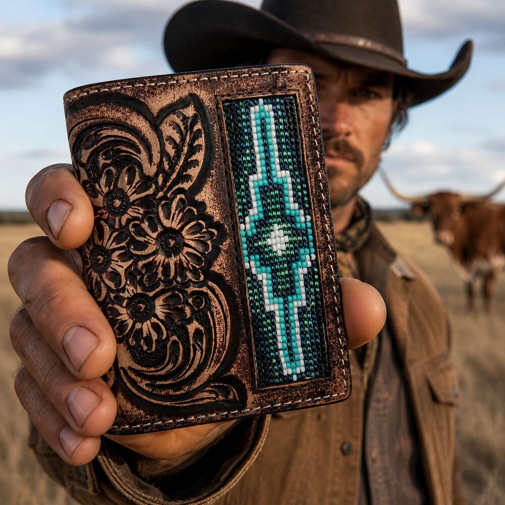 Ranger Belt Co H1020T Trifold Wallet Tooled Leather Beaded Western Brown NIB